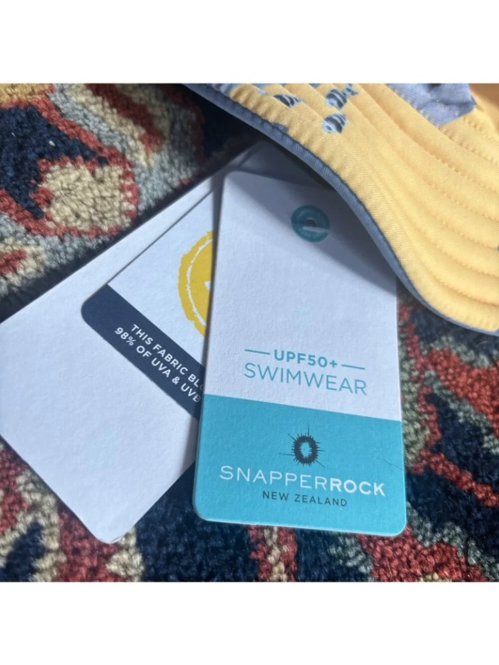 Snapperrock Newzeland  Kids SPF 50+ Yellow Bucket Hat  Shark & Fish reversible